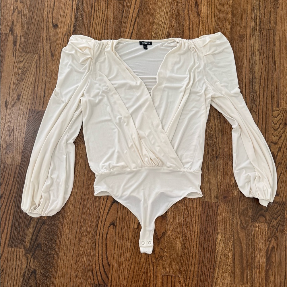 Express White Ruched Wrap Bodysuit